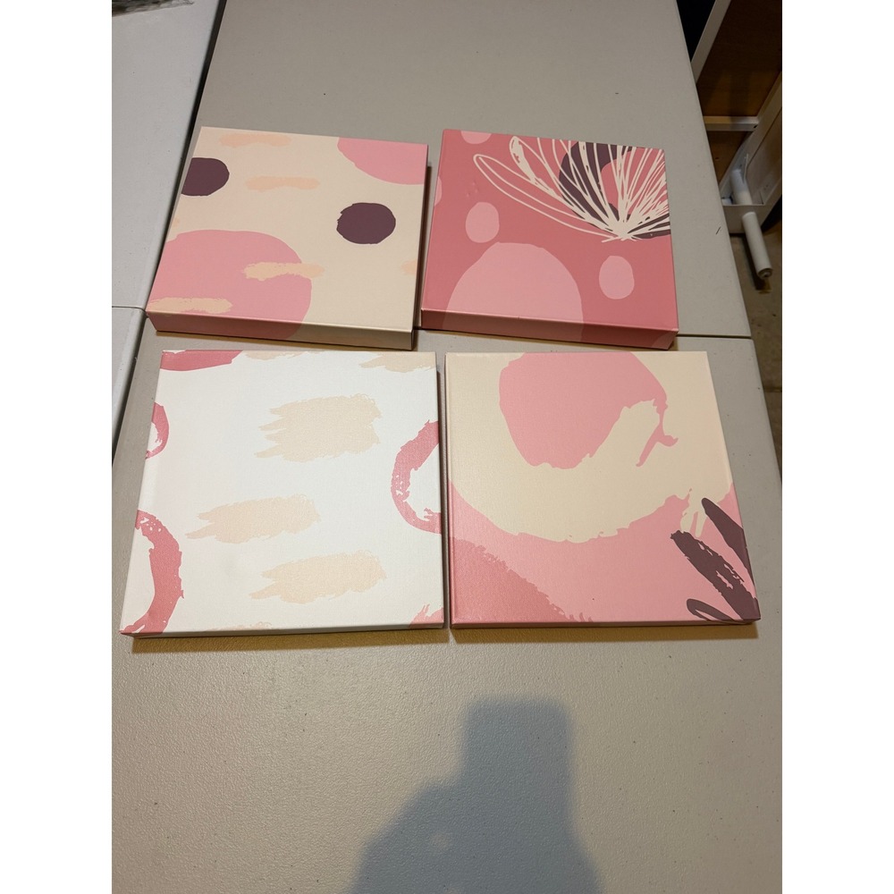 Abstract Pink Canvas Wall Art Set 4 Piece Square Floral Geometric Decor